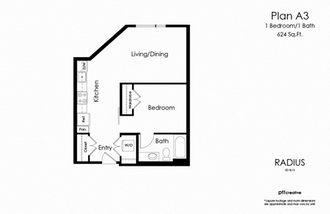 Floor plan for 1 bed, 1 bath, 624 sqft